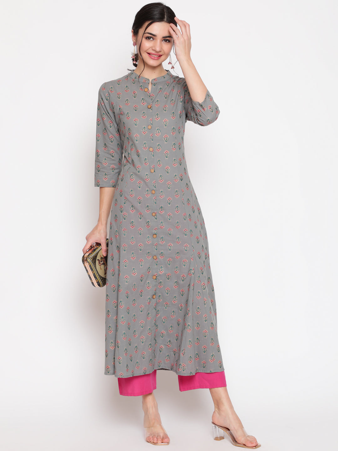 Cotton Printed Mandarin Neck 3/4 Sleeve A-Line Ankle Length Ethnic Kurta