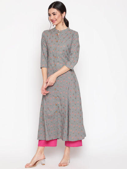 Cotton Printed Mandarin Neck 3/4 Sleeve A-Line Ankle Length Ethnic Kurta