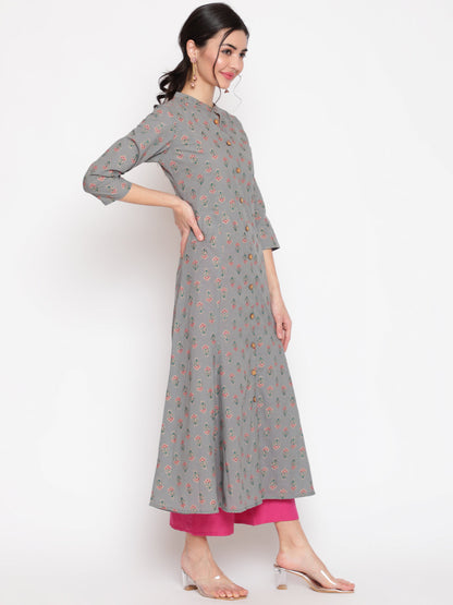 Cotton Printed Mandarin Neck 3/4 Sleeve A-Line Ankle Length Ethnic Kurta