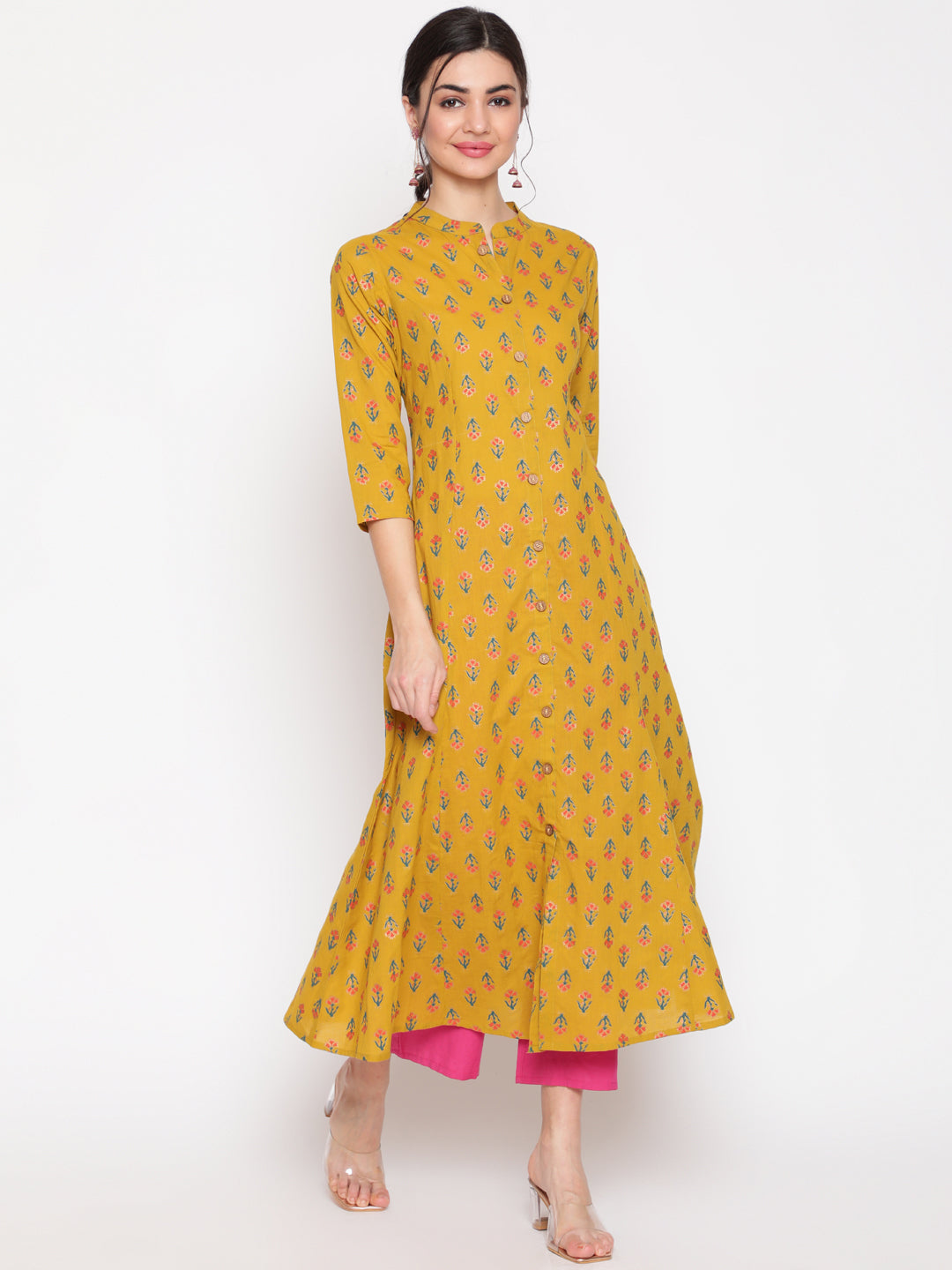 Cotton Printed Mandarin Neck 3/4 Sleeve A-Line Ankle Length Ethnic Kurta