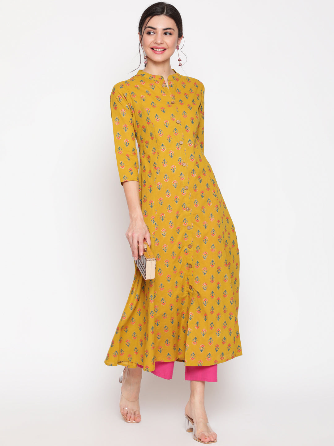 Cotton Printed Mandarin Neck 3/4 Sleeve A-Line Ankle Length Ethnic Kurta