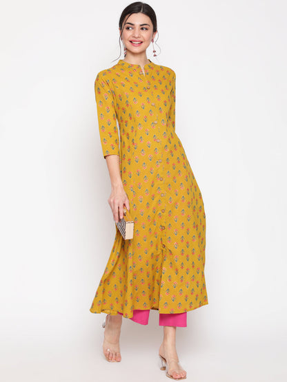 Cotton Printed Mandarin Neck 3/4 Sleeve A-Line Ankle Length Ethnic Kurta