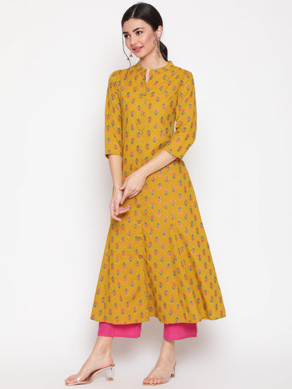 Cotton Printed Mandarin Neck 3/4 Sleeve A-Line Ankle Length Ethnic Kurta