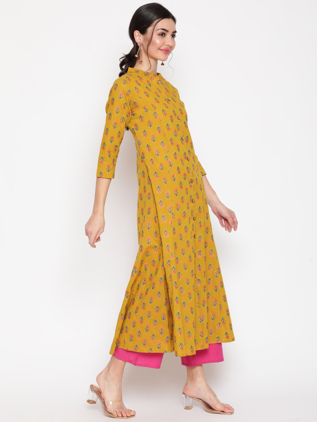 Cotton Printed Mandarin Neck 3/4 Sleeve A-Line Ankle Length Ethnic Kurta