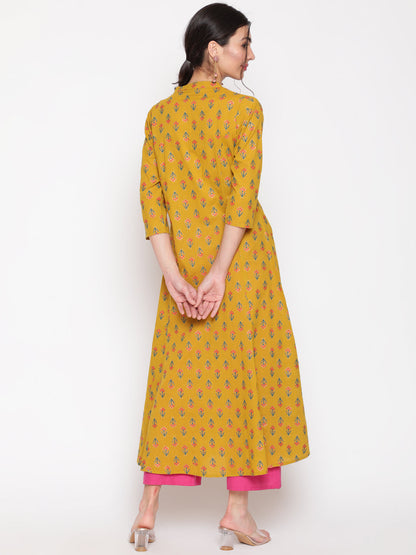 Cotton Printed Mandarin Neck 3/4 Sleeve A-Line Ankle Length Ethnic Kurta