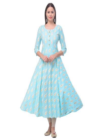 Cotton Printed Round Neck 3/4 Sleeve Flared Ankle Length Ethnic Kurta