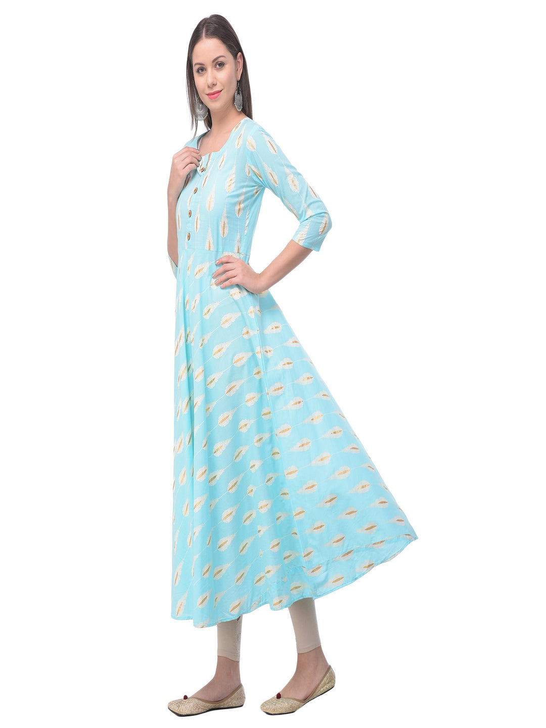 Cotton Printed Round Neck 3/4 Sleeve Flared Ankle Length Ethnic Kurta