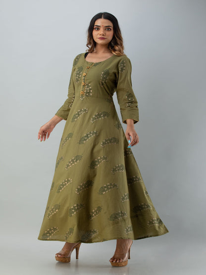 Cotton Printed Round Neck 3/4 Sleeve Flared Ankle Length Ethnic Kurta