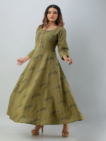 Cotton Printed Round Neck 3/4 Sleeve Flared Ankle Length Ethnic Kurta