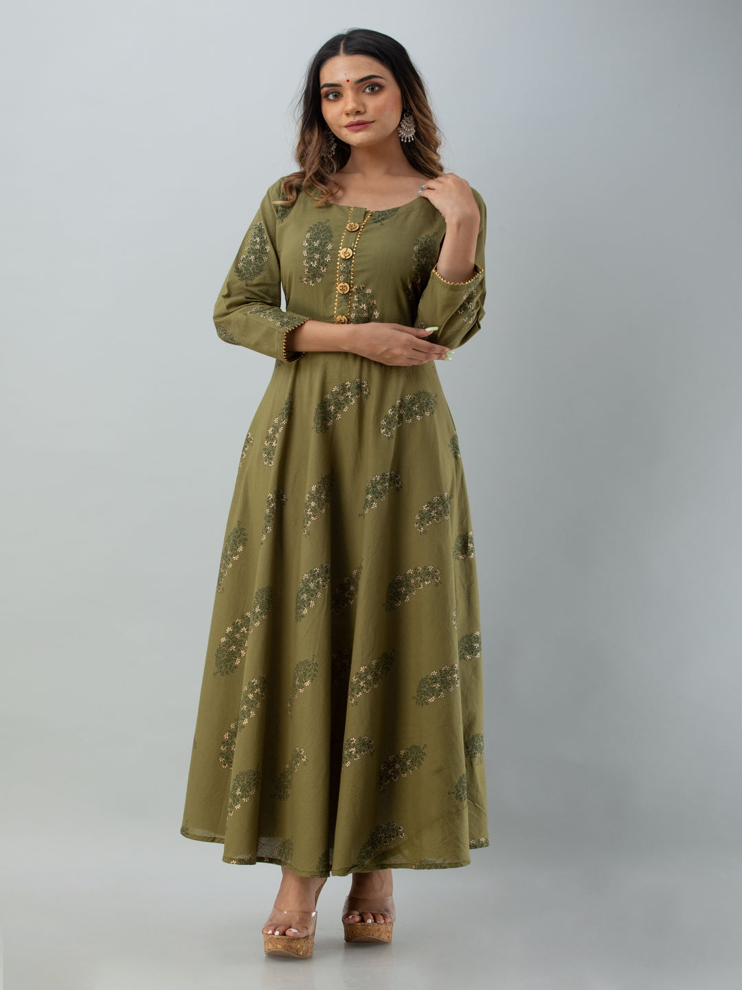 Cotton Printed Round Neck 3/4 Sleeve Flared Ankle Length Ethnic Kurta