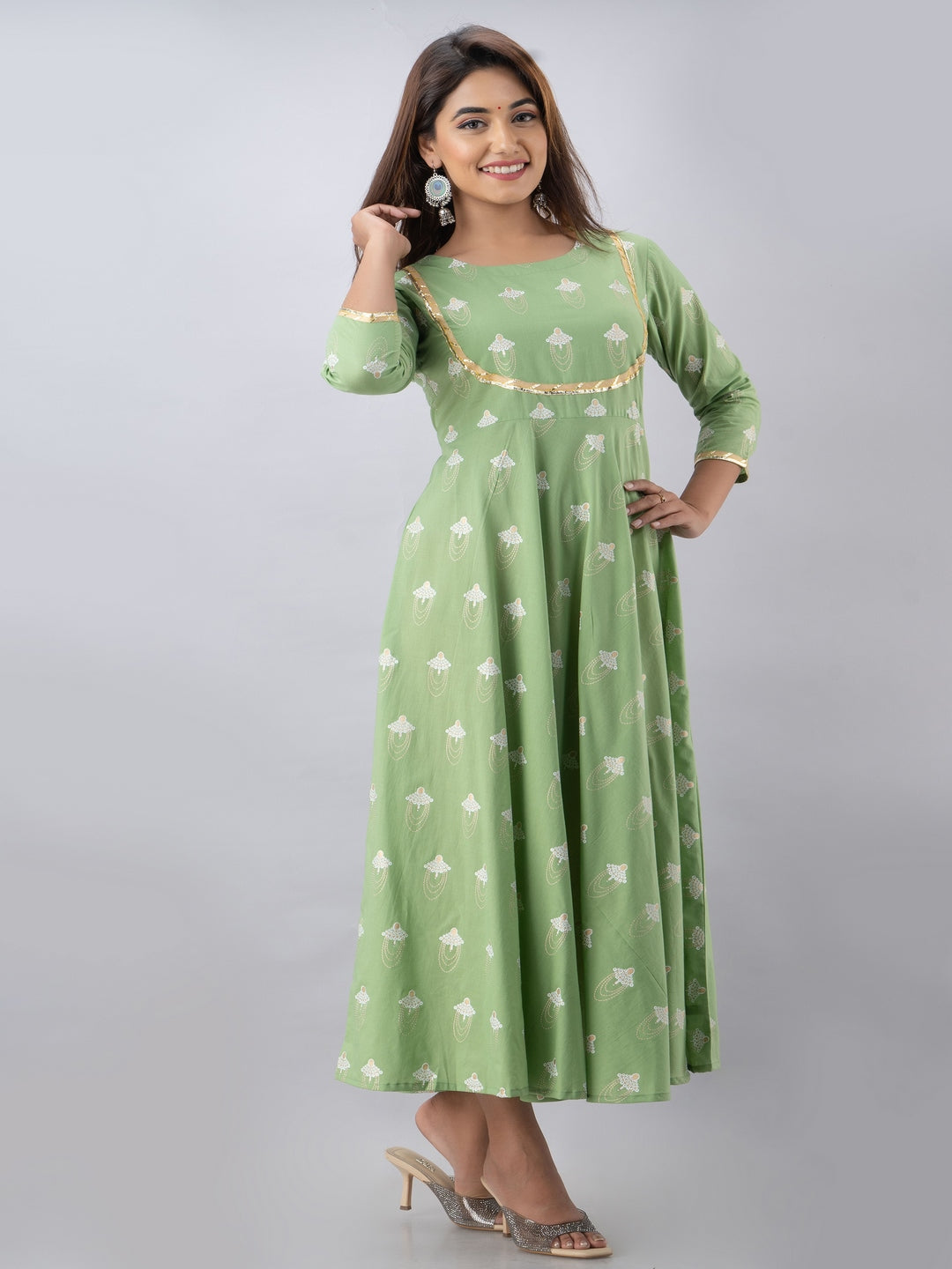 Cotton Printed Round Neck 3/4 Sleeve Flared Ankle Length Ethnic Kurta