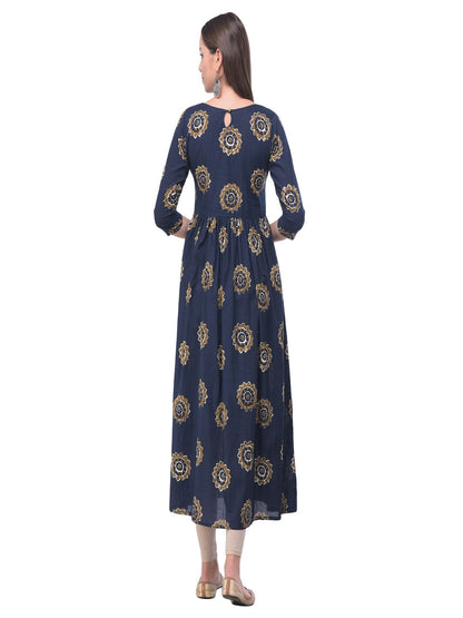 Cotton Printed Round Neck 3/4 Sleeve Flared Ankle Length