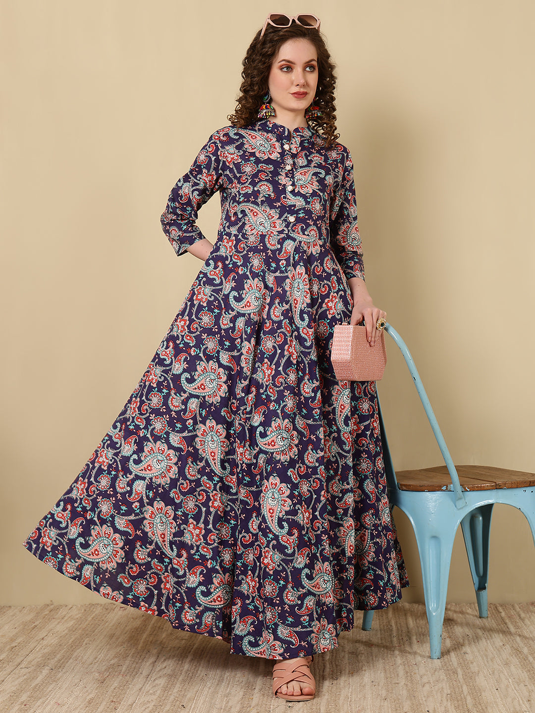 Cotton Printed Ankle Length 3/4 Sleeve Mandarin Neck Anarkali Kurta