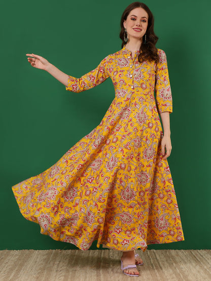 Cotton Printed Ankle Length 3/4 Sleeve Mandarin Neck Anarkali Kurta