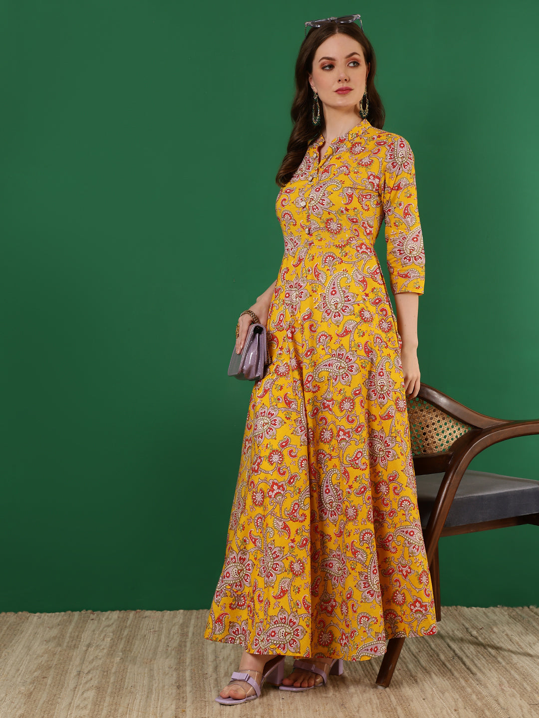 Cotton Printed Ankle Length 3/4 Sleeve Mandarin Neck Anarkali Kurta