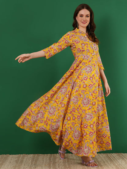 Cotton Printed Ankle Length 3/4 Sleeve Mandarin Neck Anarkali Kurta