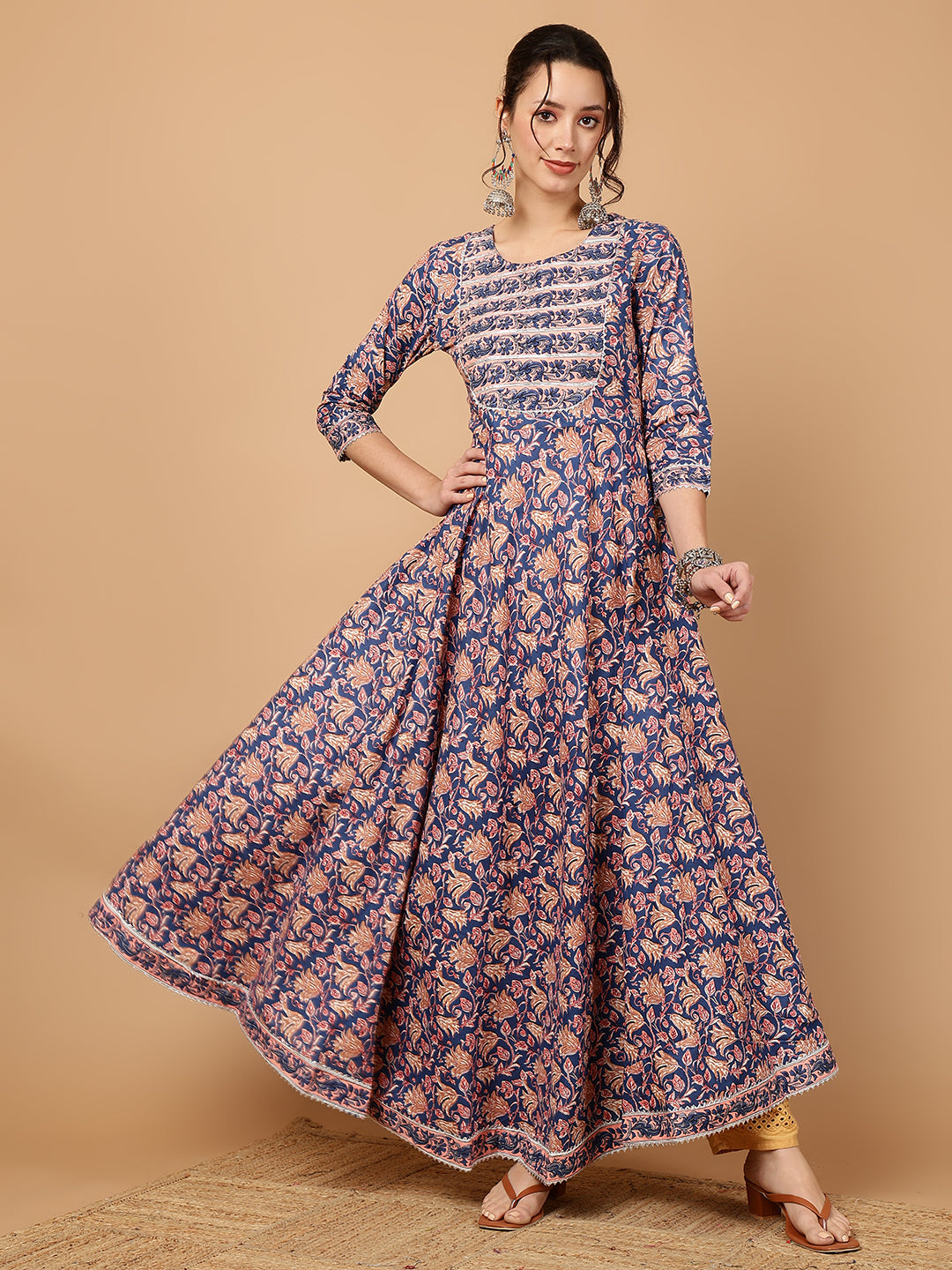 Rayon Printed Ankle Length 3/4 Sleeve Round Neck Anarkali Kurta