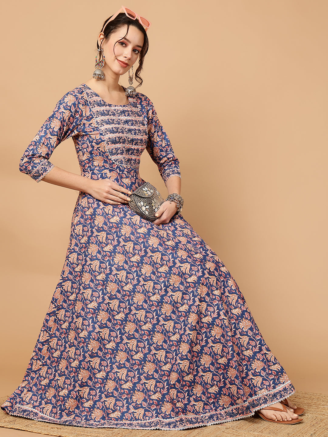 Rayon Printed Ankle Length 3/4 Sleeve Round Neck Anarkali Kurta