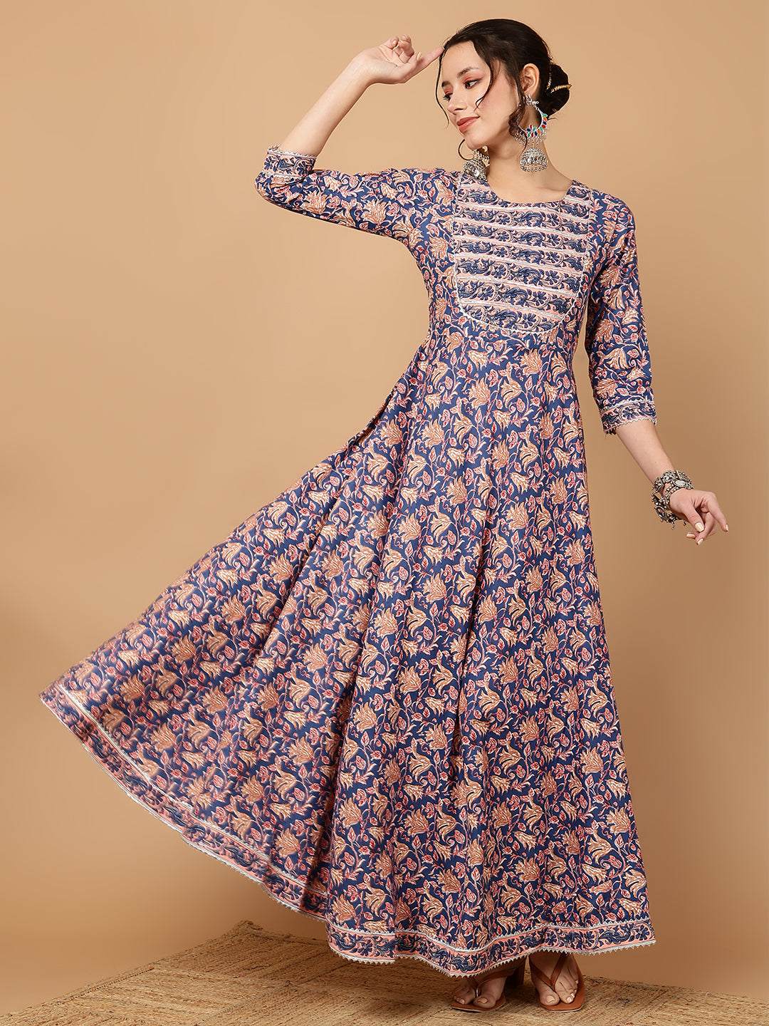 Rayon Printed Ankle Length 3/4 Sleeve Round Neck Anarkali Kurta