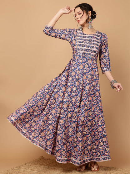 Rayon Printed Ankle Length 3/4 Sleeve Round Neck Anarkali Kurta