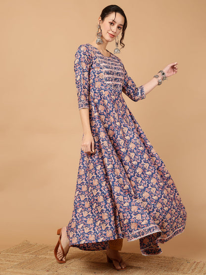 Rayon Printed Ankle Length 3/4 Sleeve Round Neck Anarkali Kurta