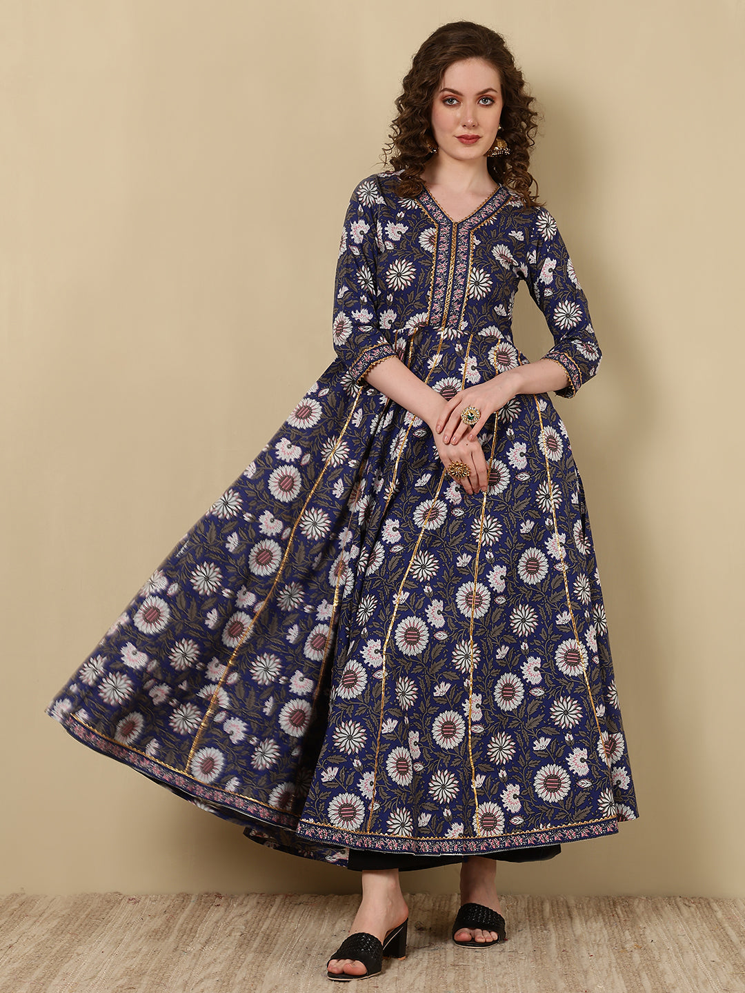 Rayon Printed Ankle Length 3/4 Sleeve V-Neck Anarkali Kurta