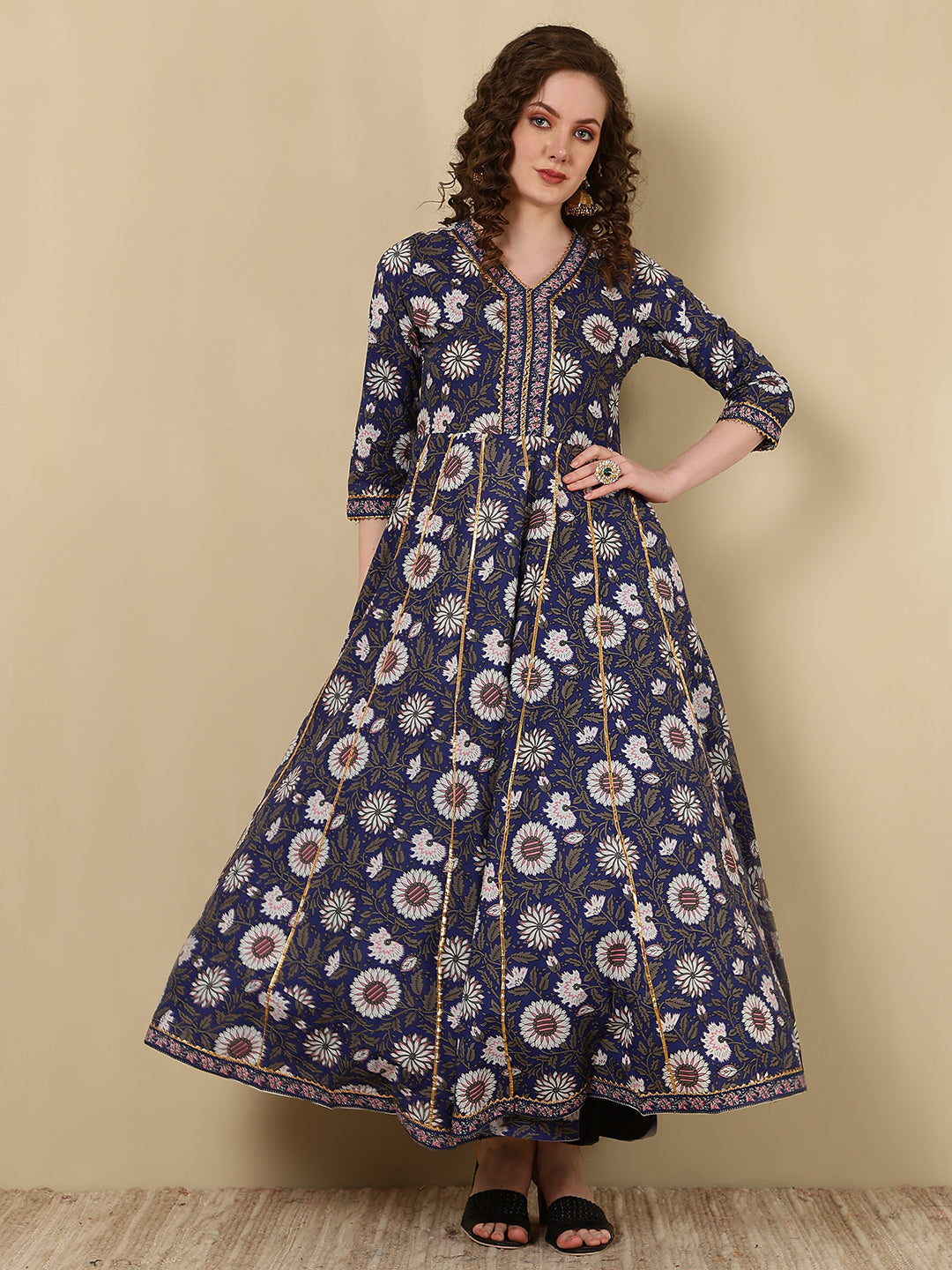 Rayon Printed Ankle Length 3/4 Sleeve V-Neck Anarkali Kurta