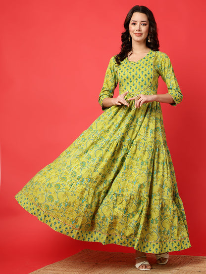 Rayon Printed Ankle Length 3/4 Sleeve Round Neck Tiered Kurta