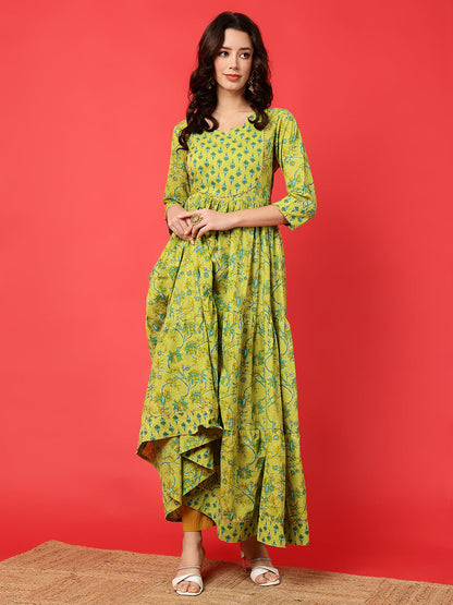 Rayon Printed Ankle Length 3/4 Sleeve Round Neck Tiered Kurta