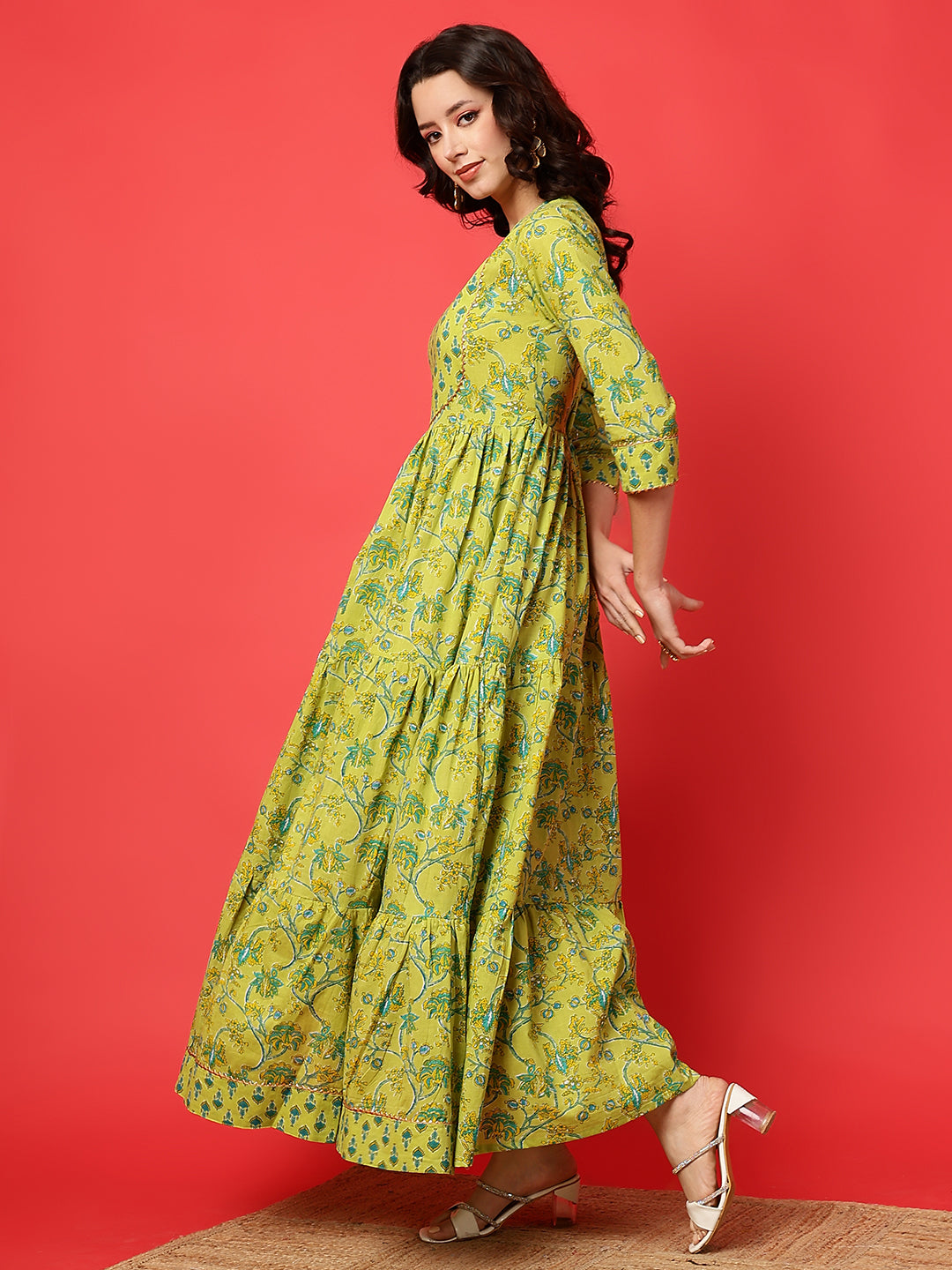 Rayon Printed Ankle Length 3/4 Sleeve Round Neck Tiered Kurta