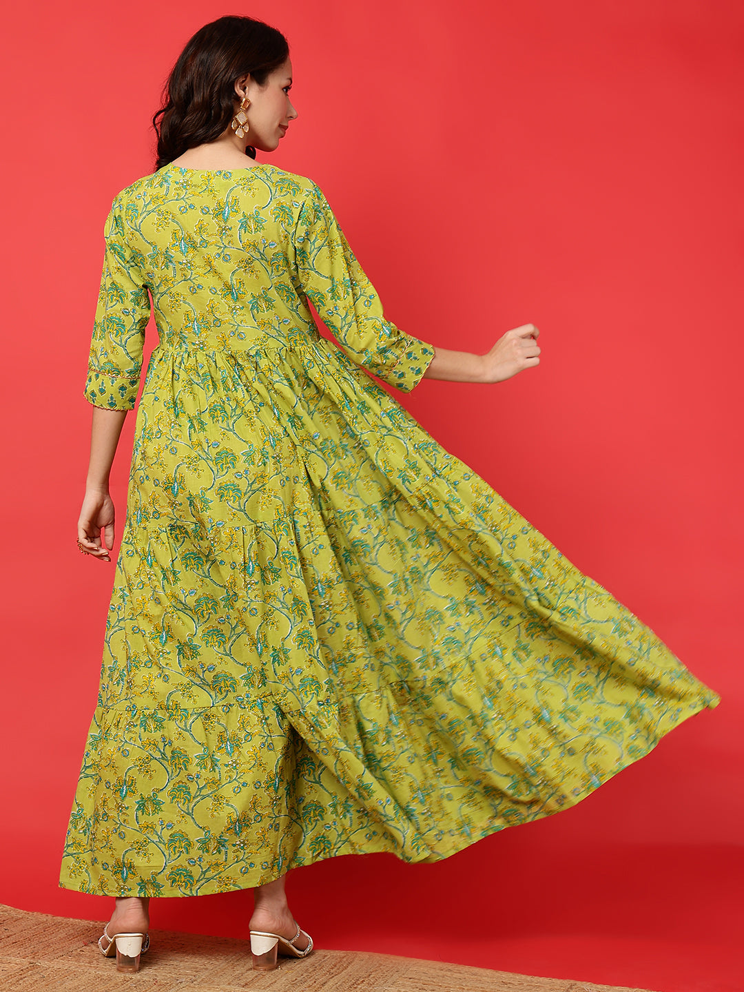 Rayon Printed Ankle Length 3/4 Sleeve Round Neck Tiered Kurta