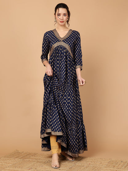 Rayon Printed Ankle Length 3/4 Sleeve V-Neck Alia Cut Tiered Kurta