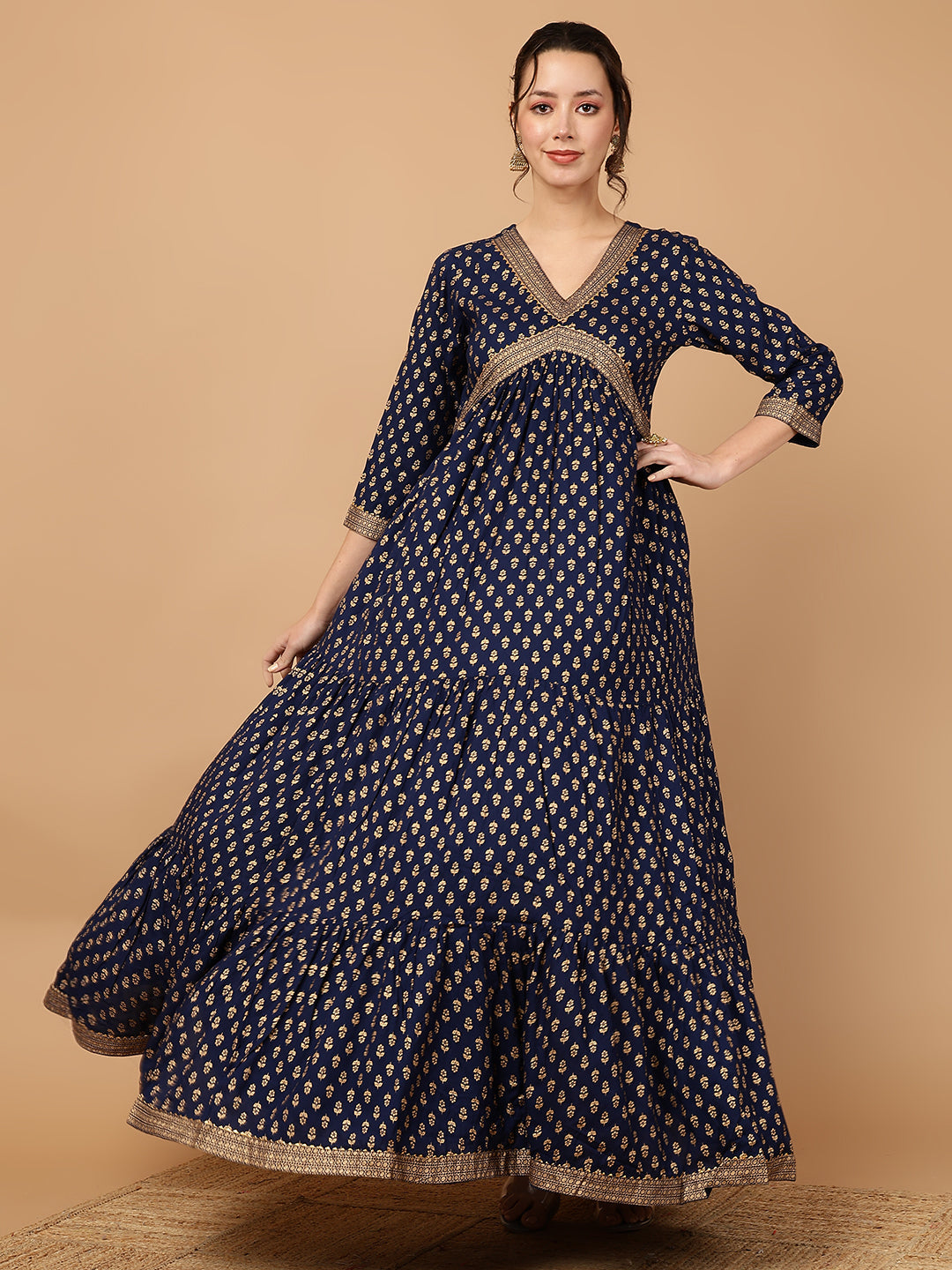 Rayon Printed Ankle Length 3/4 Sleeve V-Neck Alia Cut Tiered Kurta