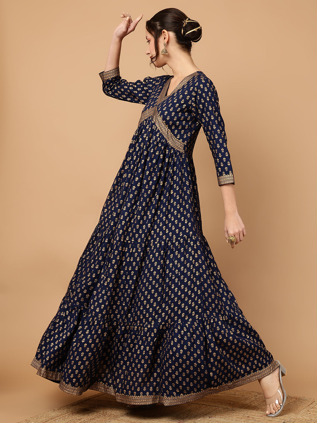 Rayon Printed Ankle Length 3/4 Sleeve V-Neck Alia Cut Tiered Kurta