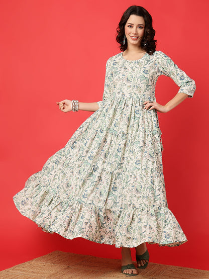 Cotton Printed Ankle Length 3/4 Sleeve Round Neck Tiered Kurta