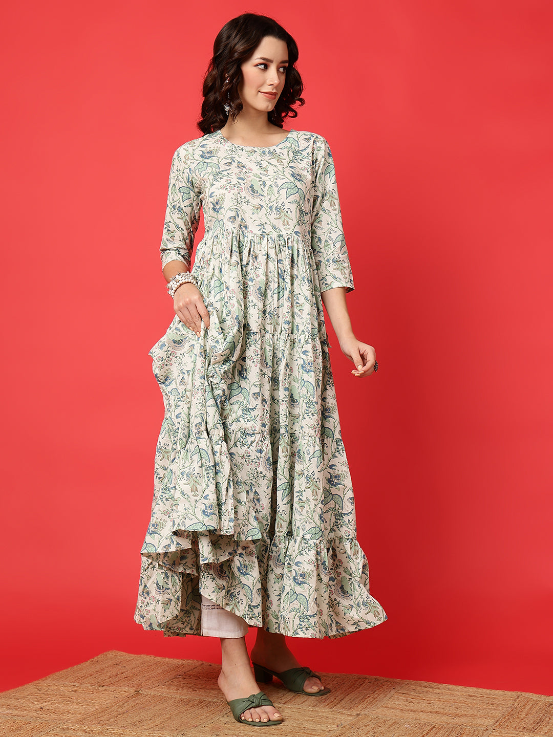 Cotton Printed Ankle Length 3/4 Sleeve Round Neck Tiered Kurta