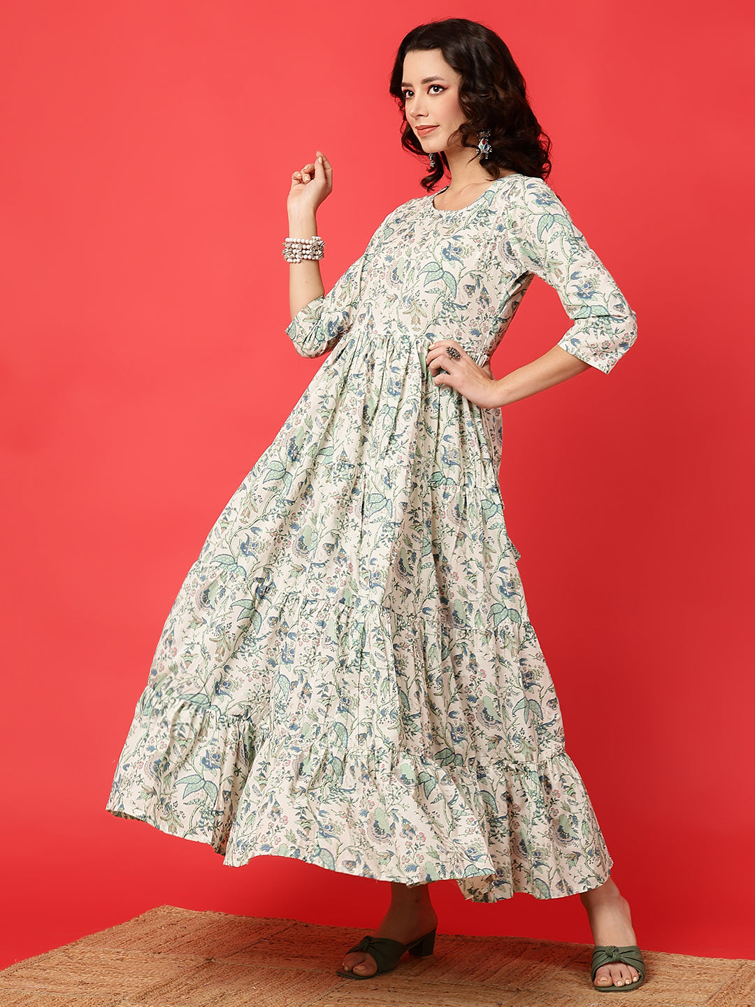 Cotton Printed Ankle Length 3/4 Sleeve Round Neck Tiered Kurta