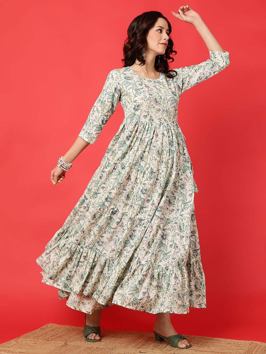 Cotton Printed Ankle Length 3/4 Sleeve Round Neck Tiered Kurta