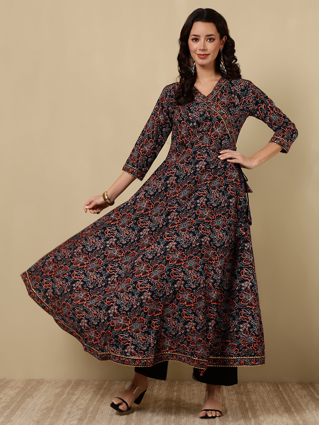 Cotton Printed Ankle Length 3/4 Sleeve V-Neck Angrakha Tiered Kurta