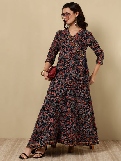 Cotton Printed Ankle Length 3/4 Sleeve V-Neck Angrakha Tiered Kurta