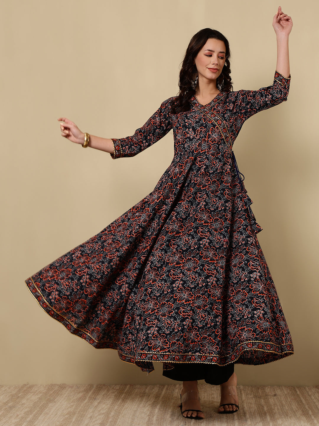 Cotton Printed Ankle Length 3/4 Sleeve V-Neck Angrakha Tiered Kurta