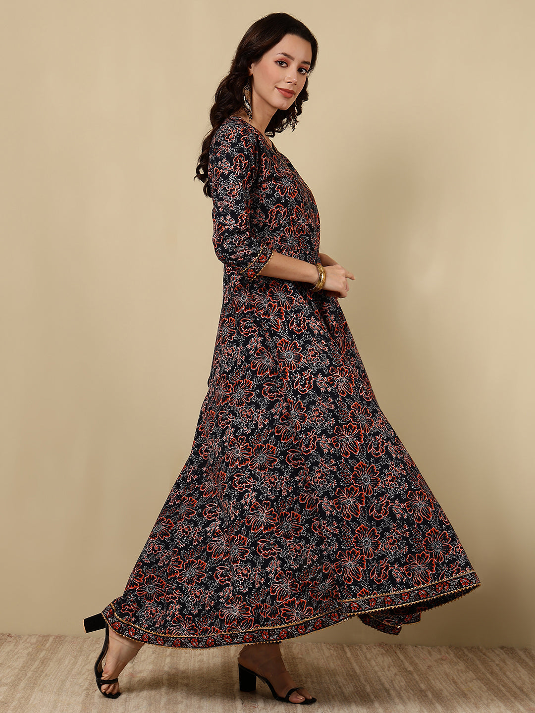 Cotton Printed Ankle Length 3/4 Sleeve V-Neck Angrakha Tiered Kurta