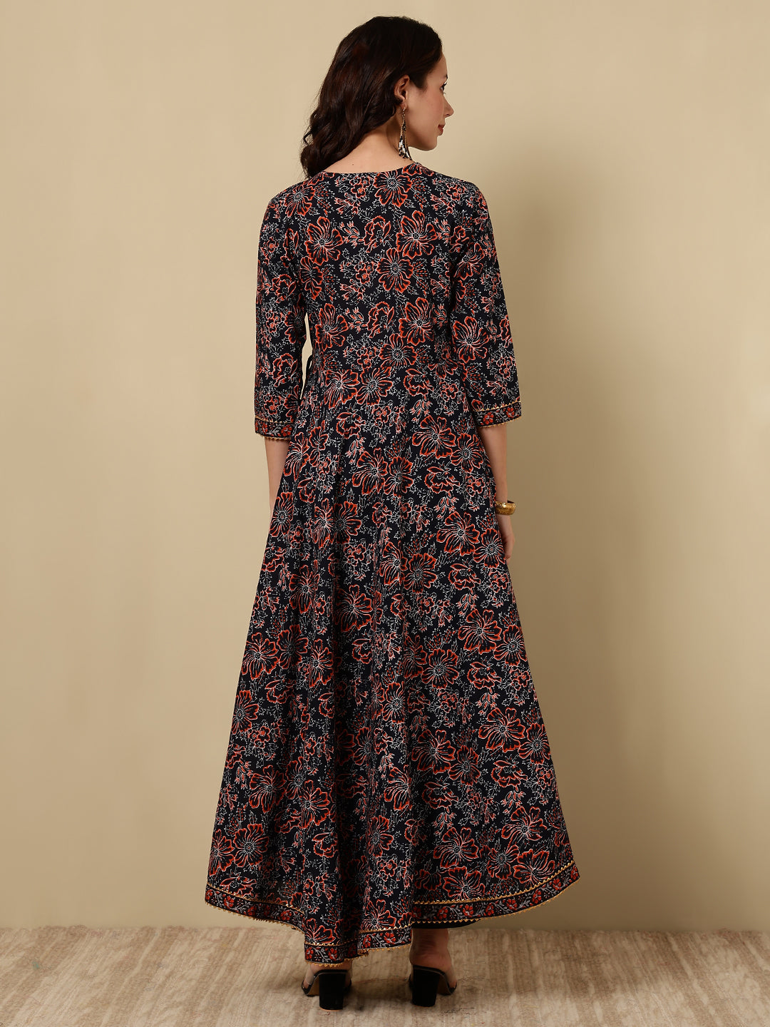 Cotton Printed Ankle Length 3/4 Sleeve V-Neck Angrakha Tiered Kurta