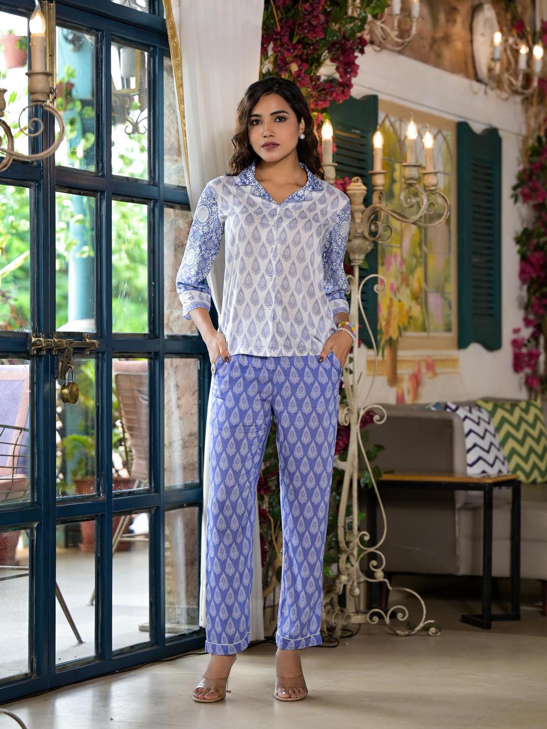 Purple Ethnic Motif Printed Viscose Kurta & Pants Set With Buttons