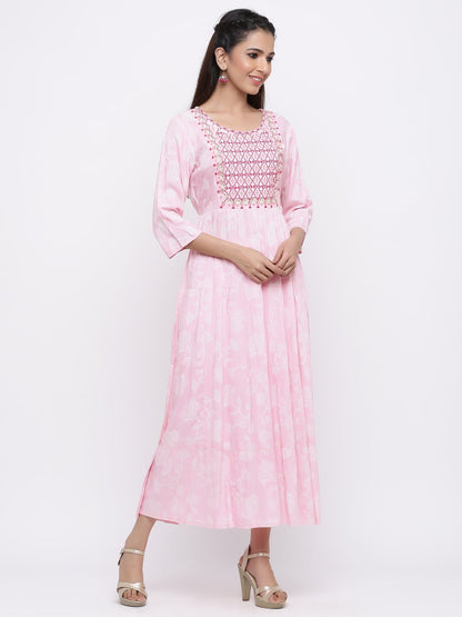 Baby Pink Ethnic Motif Printed Rayon Tiered Maxi Dress With Mirror Work Embroidery