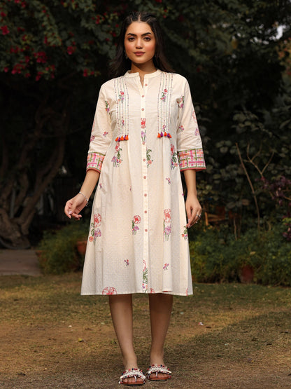 White Floral Printed A-Line Pleated Cotton Dress With Kantha Work & Tassels