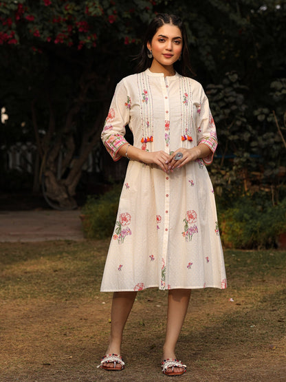 White Floral Printed A-Line Pleated Cotton Dress With Kantha Work & Tassels