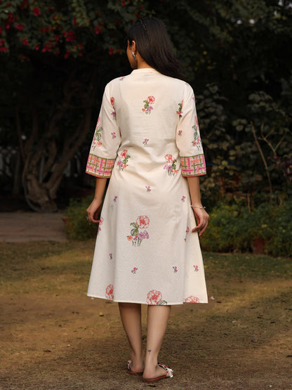 White Floral Printed A-Line Pleated Cotton Dress With Kantha Work & Tassels