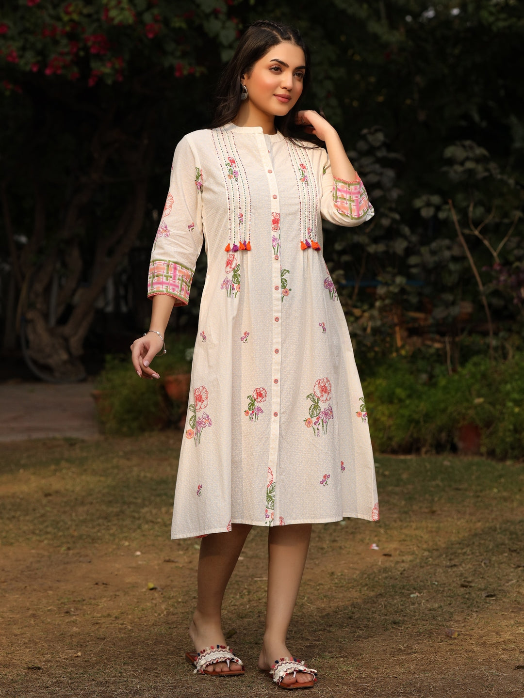 White Floral Printed A-Line Pleated Cotton Dress With Kantha Work & Tassels