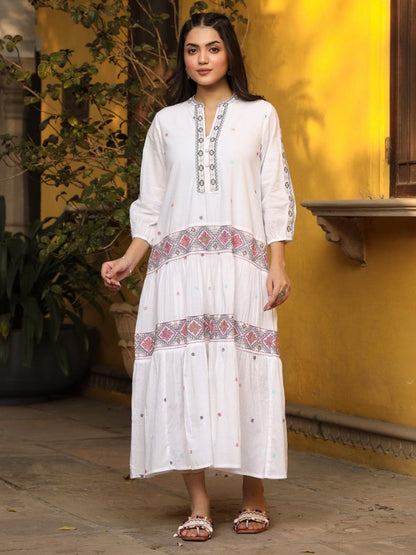 White Pure Cotton Tiered Maxi Dress With Multi-Colored Embroidery Work